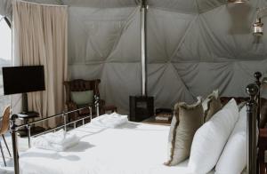 a bed with white sheets and pillows in a bedroom at Star Gazing Dome 2 with Log Burner & Optional Hot tub in Horspath