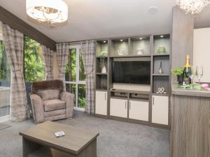 a living room with a television and a chair at Feather Hill Lodge White Cross Bay, Skiptory Howe 38 in Windermere +16 photos