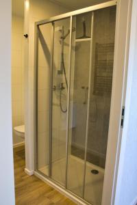 a shower with a glass door in a bathroom at Ferienhaus Noa für 5 Personen, angeln ,familienfreundlich in Twist +13 photos