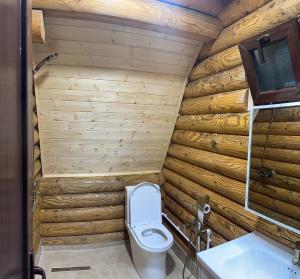 a wooden bathroom with a toilet and a sink at Borjomi-sadgeri comfort in Borjomi