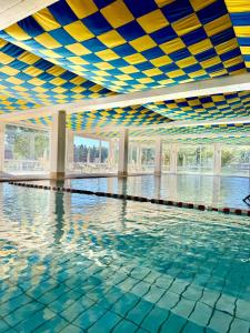 a swimming pool with a checkered ceiling and water at JJ Living - Bergzeit 160 in Scheidegg