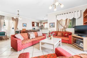 Una sala de estar con sofás rojos y un televisor. en Villa Nefeli, en Nisakion