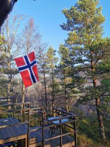 a flag flying on top of a wooden deck at Cozy cabin in the Gilja paradise in Frafjord +16 photos