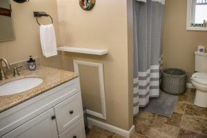 un baño con lavabo e inodoro en Lodge on Lamoka Guest House, en Bradford