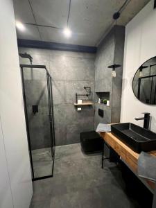 a bathroom with a shower and a sink at NEW Loft-style studio in Zhytomyr