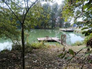 ein Holzsteg mitten in einem See in der Unterkunft "Kota coeur de bois" Chalet en bois au domaine de l'Aa in Bourbourg