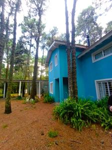 a blue house in the woods with trees at Casa Noviembre en el bosque in Mar de las Pampas