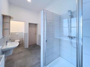 un baño con ducha y lavabo en Ferienwohnungen zur POST 1, en Breitenbrunn 26 fotos más