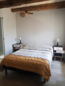 AuzitsにあるLe Bousquetou - Aveyronのベッドと天井扇風機のある寝室 +5枚の写真