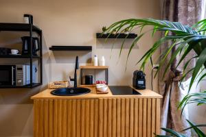 a wooden desk with a sink and a plant at MAMA Relais in Rome