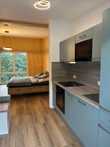 a room with a kitchen with a bed in the background at Hofquartier Retzmoar - Familie Hörmann in Bruck an der Mur