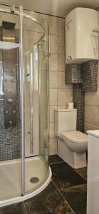 ein Badezimmer mit Toilette und Glasdusche in der Unterkunft Cosy Studio Quest House in Romford