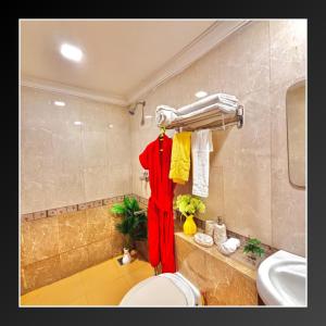 a bathroom with a toilet and a red robe at Sky Bloom Villa in Nagoa-Bardez +12 photos