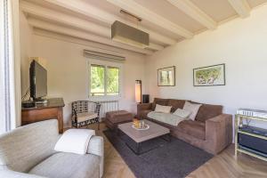 a living room with a couch and a tv at Maison Ponton - Logement familial avec accès privatif au lac in Veyrier-du-Lac