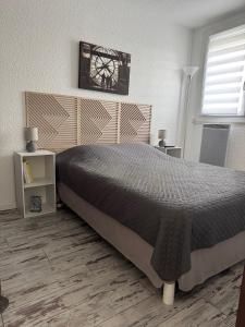 a bedroom with a large bed with a black comforter at T2 Familial - 250 m front de mer, plage, seaquarium - parking privé - Bienvenue en occitanie in Le Grau-du-Roi