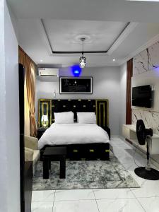 Un dormitorio con una cama grande y un televisor. en Near Lakowe Golf and Lekki FTZ Minutes From Awoyaya with Constant Power, Wi-Fi, Gym by Crystal Stays, en Eleputu