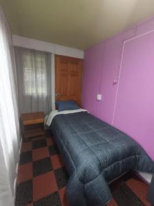 a bedroom with a bed with a purple wall at Mate Sur Hostal in Cochrane +1 photo