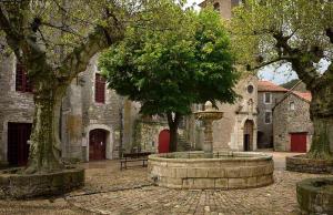 une cour avec une fontaine en face d'un bâtiment dans l'établissement La maison d'Angèle, à Sainte-Eulalie-de-Cernon