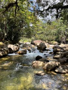 a stream of water with rocks and trees at Manacus 