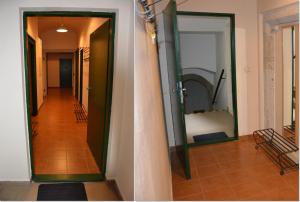 two pictures of a hallway with a door and a mirror at Apartments 163/I in Jindřichŭv Hradec