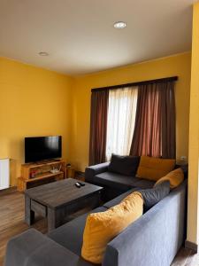 巴库里阿尼Cottage Bakhuta Bakuriani的客厅里有一张沙发和一张桌子。