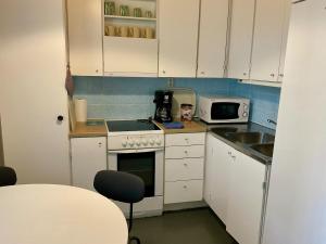 Eine Küche mit weißen Schränken, Spüle und Herd in der Unterkunft Studio Sulkava - Cozy studio with sauna and yard in Sulkava