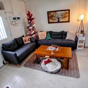 a living room with a couch and a christmas tree at En Sylikion cottage in Silikou