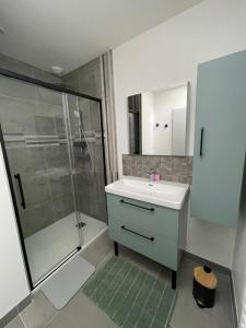 a bathroom with a sink and a shower at Chez Céline et Frédéric T2 45m carré neuf in Rochefort +7 photos