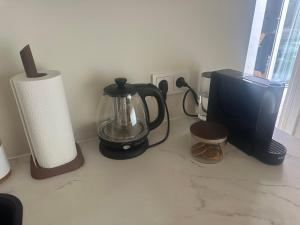 a kitchen counter with a blender and a television at Studio Cabana Oegstgeest in Oegstgeest
