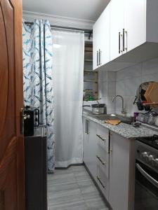 a kitchen with white cabinets and a shower curtain at Qara Homes One Bedroom, Juja in Juja +15 photos