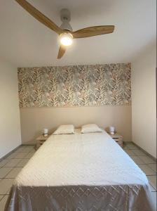 a bedroom with a bed and a ceiling fan at La Terrasse des Maldives in Saint-Paul