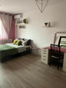 a bedroom with a bed and a desk and a mirror at Pinky studio in Dobroeşti