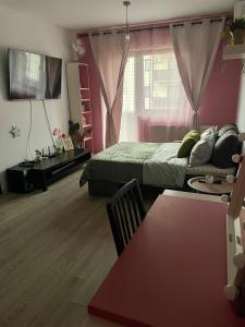a bedroom with a bed and a couch and a table at Pinky studio in Dobroeşti