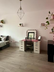 a room with a desk and a mirror at Pinky studio in Dobroeşti
