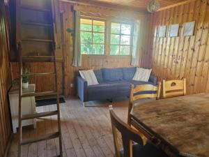 a living room with a blue couch and a window at Les Petites Cabanes de Machiel in Machiel