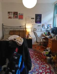 a bedroom with a bed and a desk with a computer at room 1 vix in Pristina
