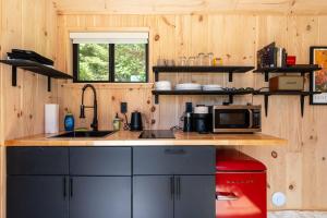 a kitchen with wooden walls and a counter with a microwave at Vesta Nook With Shower Queen Bed & pullout sofa in Sullivan +16 photos