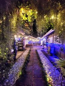 a walkway lit up at night with lights at Maple Tree Manor in Durban
