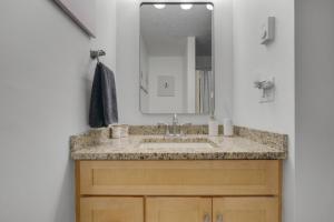 a bathroom with a sink and a mirror at Lakeview Retreat Modern 2BR Condo on Newfound Lake in Bristol +46 photos