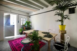 ein Zimmer mit einem Tisch und einer Topfpflanze in der Unterkunft Sterna Artists Studio in Emporeiós