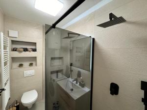 リヴノにあるAmare Apartmentの白いトイレと洗面台のあるバスルーム +13枚の写真
