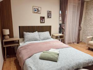 een slaapkamer met een groot bed met twee kussens erop bij Cozy Family House in Lazarevac