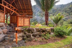 a house with a fireplace and a palm tree at Finca Aveterra, Luxurious Riverside Retreat in Mindo +35 photos