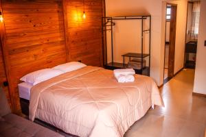 a bedroom with a large bed with wooden walls at Pousada Chalés 4 Estações in Caparaó Velho