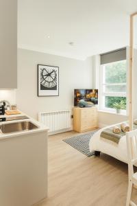 a kitchen with a sink and a bed in a room at Royal Oakwood Studio 1 Bed Brighton Sleeps 2 in Brighton & Hove