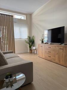 een woonkamer met een flatscreen-tv op een houten entertainmentcentrum bij Apartamento Orilla de Triana Luxury in Sevilla