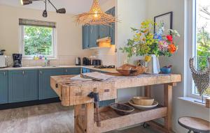 ノールトウェイケルハウトにある2 Bedroom Beautiful Home In Noordwijkerhoutの青いキャビネットと花が飾られた木製のアイランドを備えたキッチン
