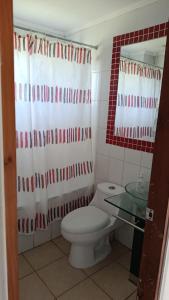 a bathroom with a toilet and a shower curtain at Parcela en Mallarauco in Melipilla +30 photos