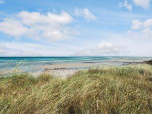 einen Strand mit Gras und Meer an einem wolkigen Tag in der Unterkunft 8 person holiday home in Glesborg in Glesborg