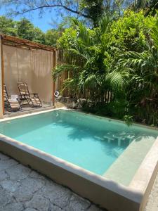a swimming pool in a yard with a chair and trees at Yax Kiin Casa Boutique in Puerto Morelos